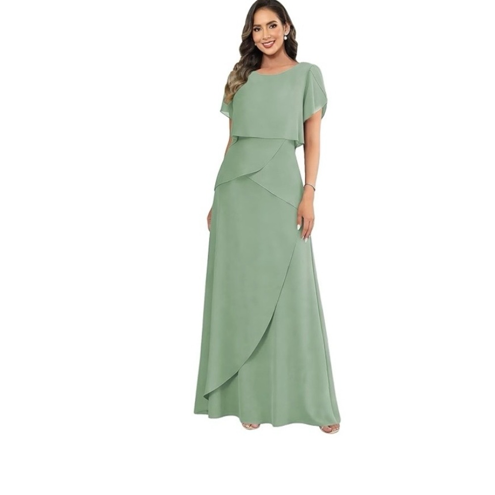 Elegant 18W  Sage Green Layered Evening Dress
